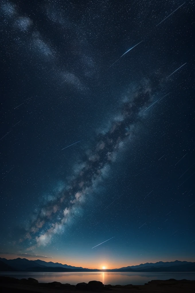 Expansive Sky: Showcase the vastness of the night sky, allowing the stars and shooting stars to occupy a significant portion of the composition., Dynamic Shooting Stars: Capture the movement and energy of the shooting stars as they streak across the sky, creating a sense of motion and wonder., Serene Landscape: Consider adding a tranquil landscape, such as distant mountains or a calm body of water, to enhance the sense of peace and serenity.  