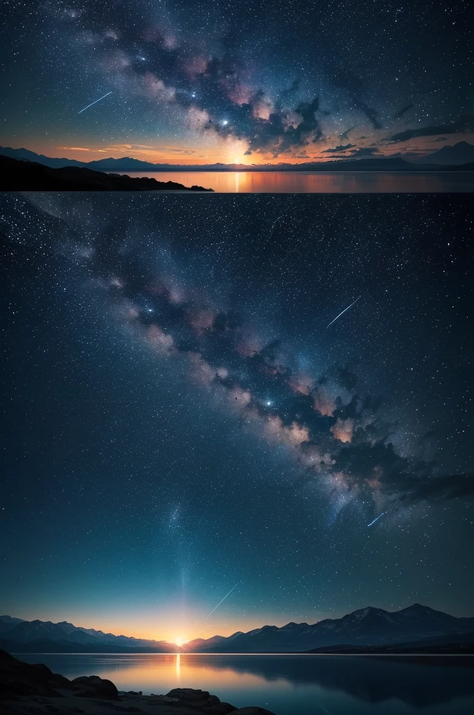 Expansive Sky: Showcase the vastness of the night sky, allowing the stars and shooting stars to occupy a significant portion of the composition., Dynamic Shooting Stars: Capture the movement and energy of the shooting stars as they streak across the sky, creating a sense of motion and wonder., Serene Landscape: Consider adding a tranquil landscape, such as distant mountains or a calm body of water, to enhance the sense of peace and serenity.  