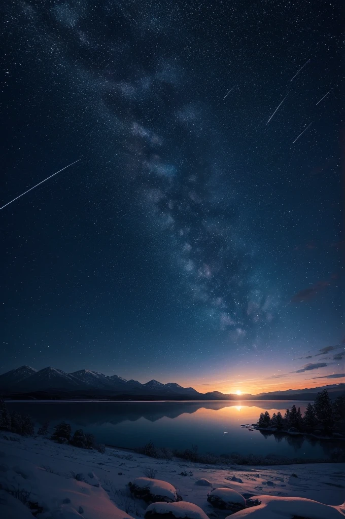 Expansive Sky: Showcase the vastness of the night sky, allowing the stars and shooting stars to occupy a significant portion of the composition., Dynamic Shooting Stars: Capture the movement and energy of the shooting stars as they streak across the sky, creating a sense of motion and wonder., Serene Landscape: Consider adding a tranquil landscape, such as distant mountains or a calm body of water, to enhance the sense of peace and serenity.  