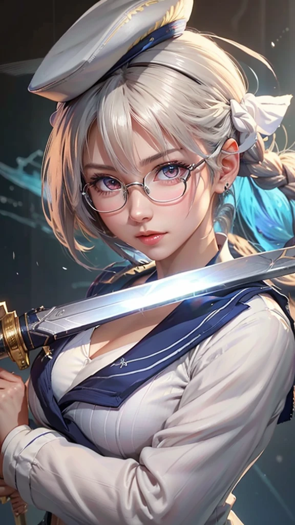 a close up of a woman with a sword and a white sailor hat, a character portrait inspired by Li Shida, pixiv contest winner, extremely detailed artgerm, artgerm. high detail, using eye glasses, white sailor suit with blue collar, no bra