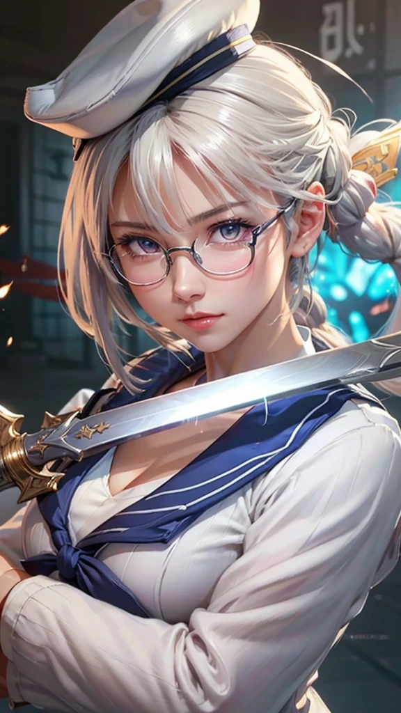 a close up of a woman with a sword and a white sailor hat, a character portrait inspired by Li Shida, pixiv contest winner, extremely detailed artgerm, artgerm. high detail, using eye glasses, white sailor suit with blue collar, no bra