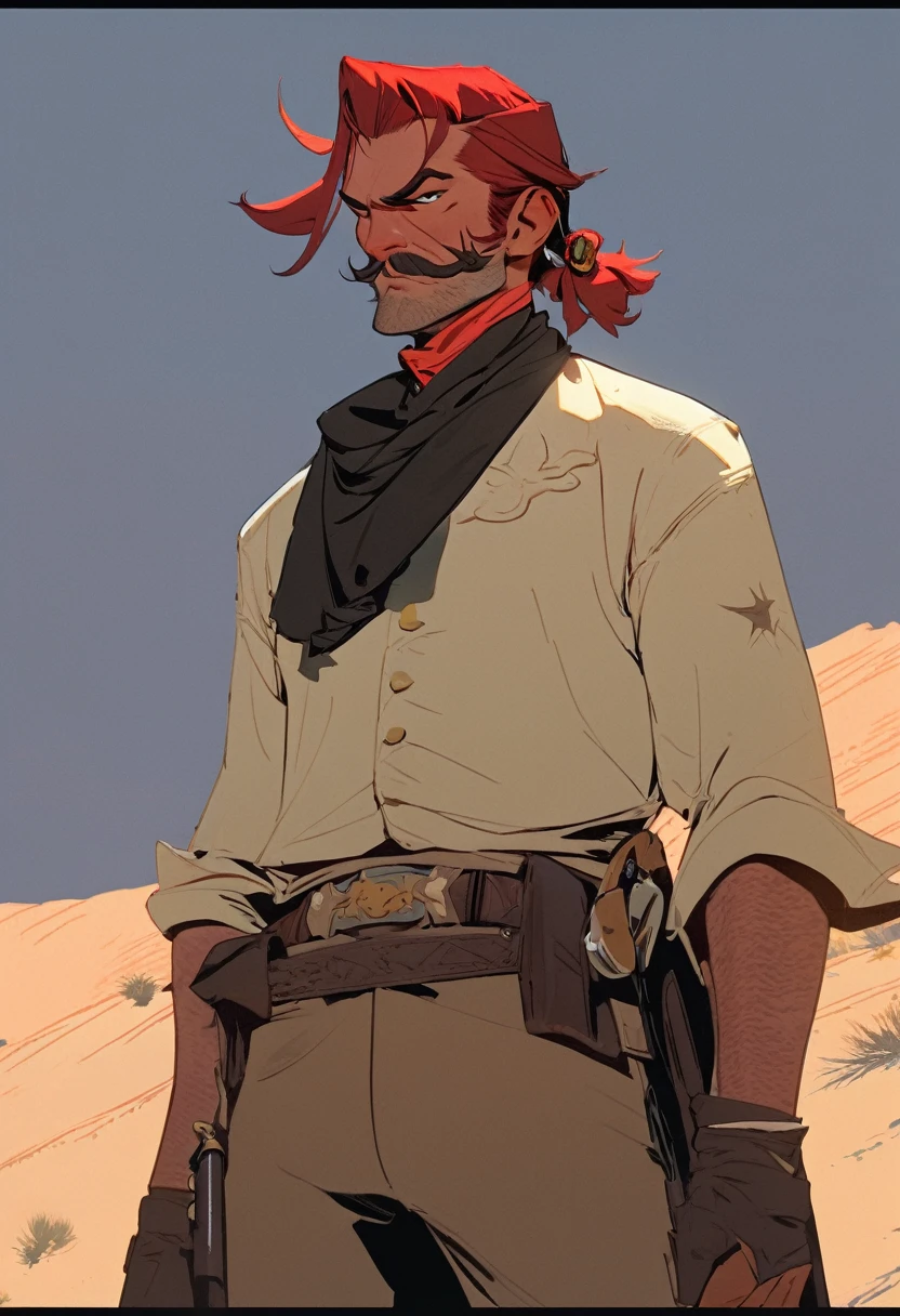 score_9, score_8_up, score_7_up, score_6_up, score_5_up, score_4_up, 1man, Western, Desert, Dark night, Horizon, far away, Wild West, red dead Redemption, cartoon art style, Red hair with two strands popping out at the front, Hair bun, Thick mustache, solo, male, Revolver, Gunslinger, cowboy hat, Rude, Masculinity, honor