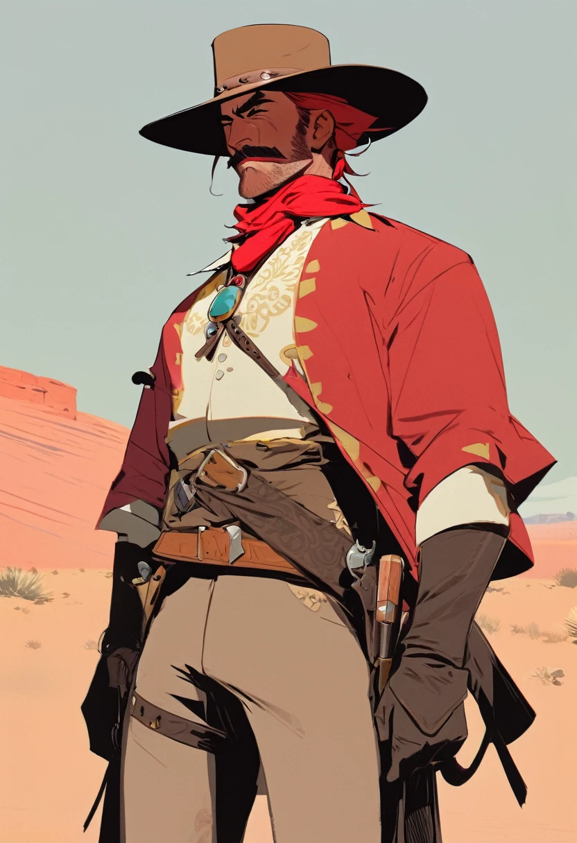 score_9, score_8_up, score_7_up, score_6_up, score_5_up, score_4_up, 1man, Western, Desert, Dark night, Horizon, far away, Wild West, red dead Redemption, cartoon art style, Red hair with two strands popping out at the front, Hair bun, Thick mustache, solo, male, Revolver, Gunslinger, cowboy hat, Rude, Masculinity, honor