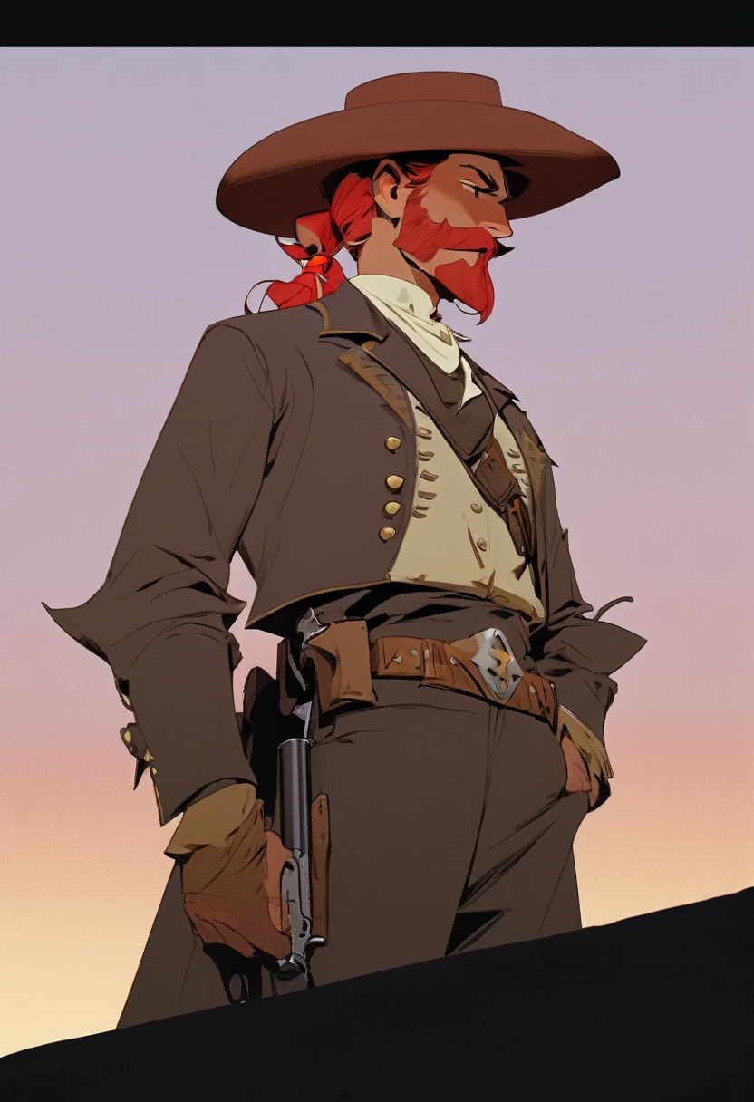 score_9, score_8_up, score_7_up, score_6_up, score_5_up, score_4_up, 1man, Western, Desert, Dark night, Horizon, far away, Wild West, red dead Redemption, cartoon art style, Red hair with two strands popping out at the front, Hair bun, Thick mustache, solo, male, Revolver, Gunslinger, cowboy hat, Rude