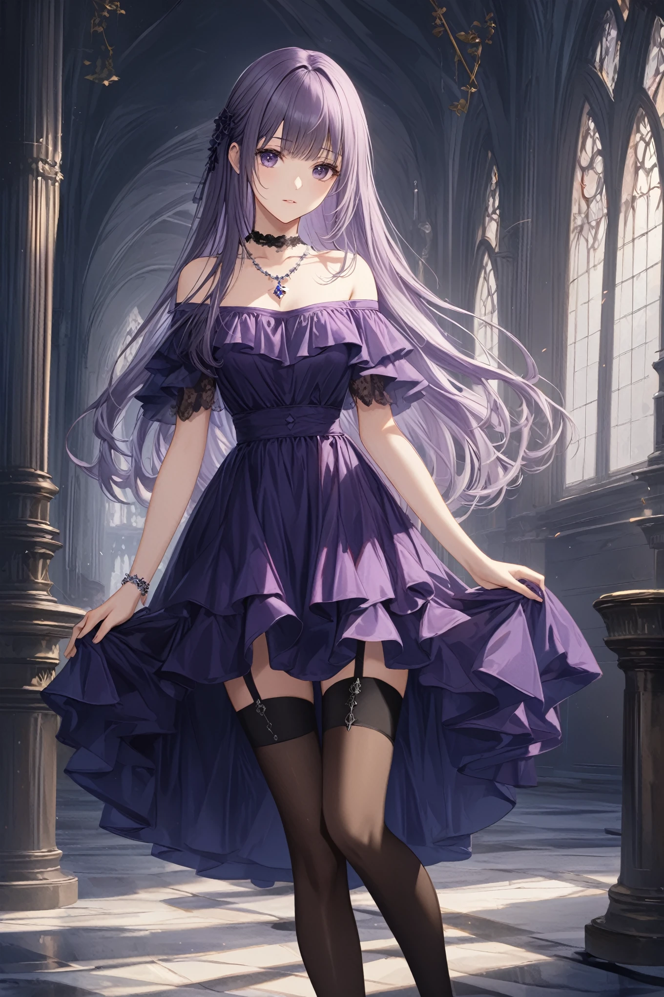 Off-shoulder dress, best quality, high resolution, 1 girl, Super high resolution, Solitary, stocking, Purple Eyes, , Long hair, Bangs,necklace