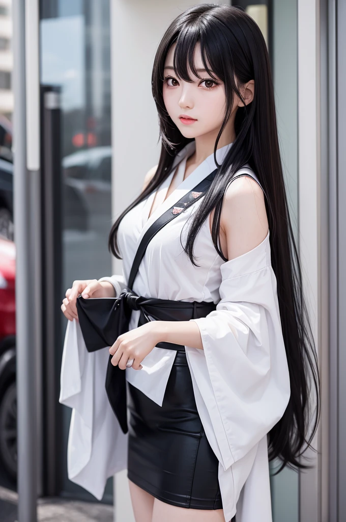 A Japanese idol girl with long black hair with white highlights and black eyes