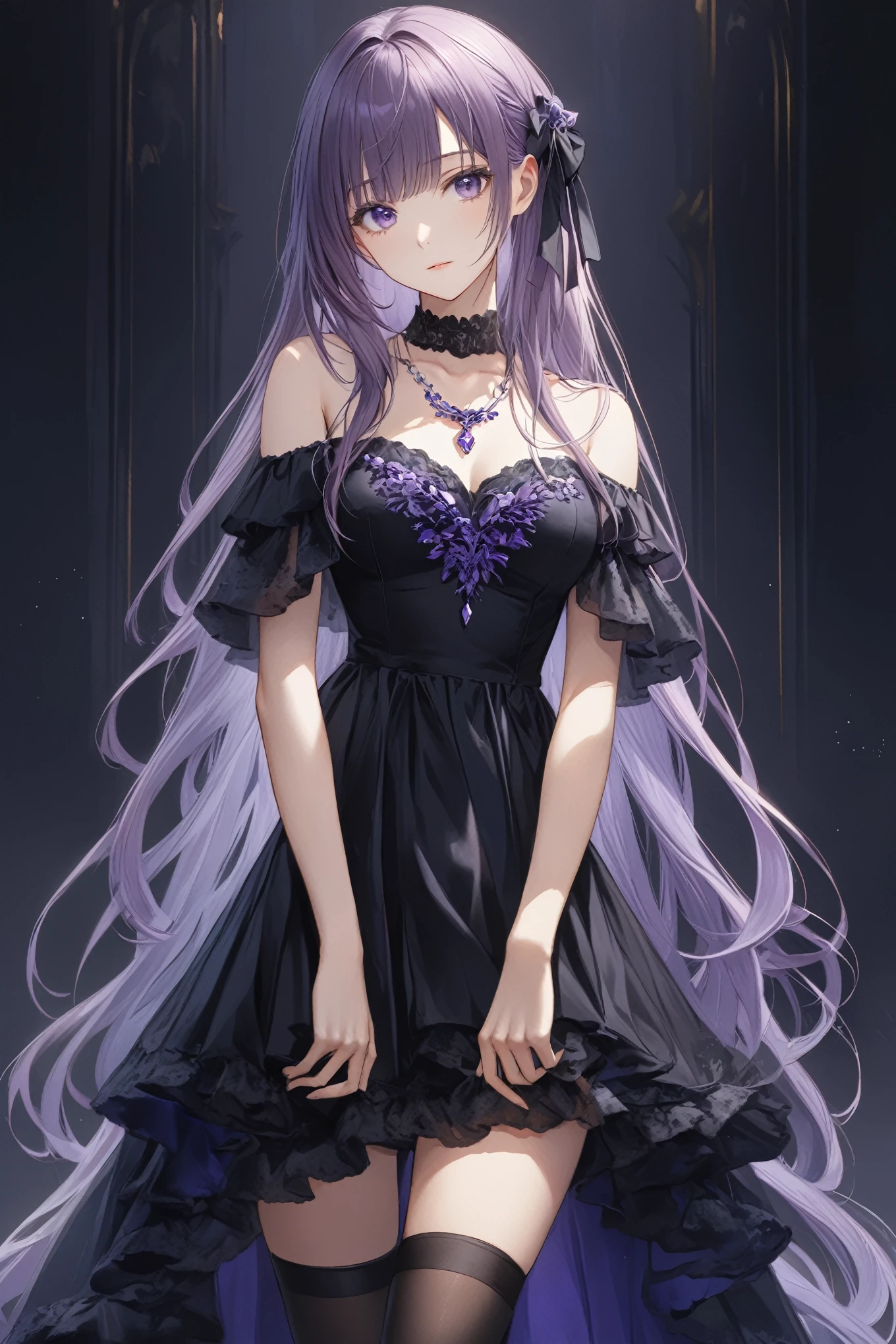 Off-shoulder dress, best quality, high resolution, 1 girl, Super high resolution, Solitary, stocking, Purple Eyes, , Long hair, Bangs,necklace