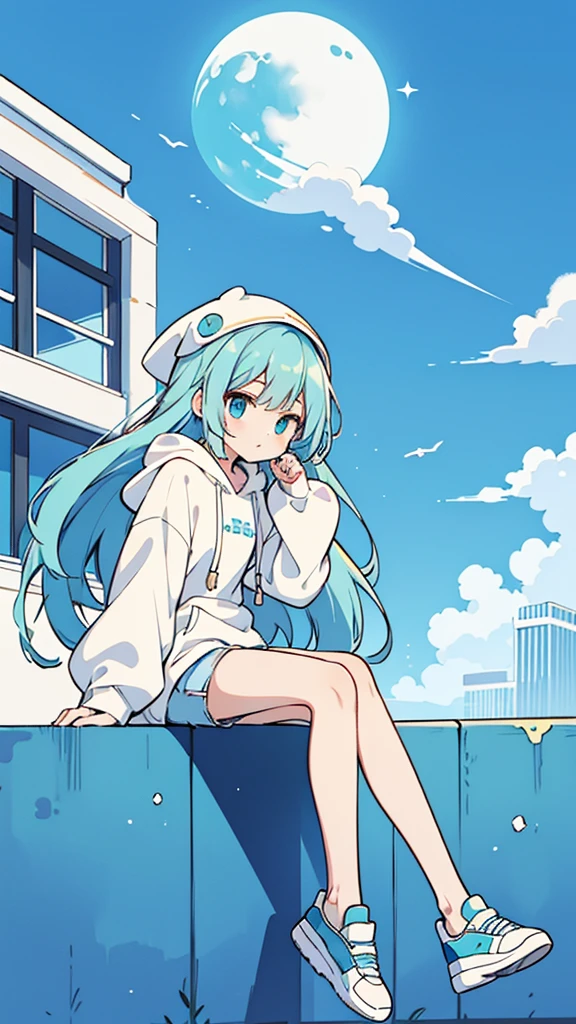 Blue-haired long hair,Design clothing,Seven-doppelganger shot,Anime style 4K,Anime girl with teal hair,High quality anime art style,Standing painting,Splash ink background,Blue Themes、Pure white background,Buildings,Face close-up,Buildings,Moon and sun、Shining Star々,milky way,Bright Sky,Looking at me,Facing forward,Clear eyes and nose,cute,beautiful,Thin legs,水辺にSitting, White hair, Blue eyes, girl, bob, front, whole body,White hoodie, Gray shorts,White and blue shoes,(((Anime style))),cute,Blue Background,Sitting