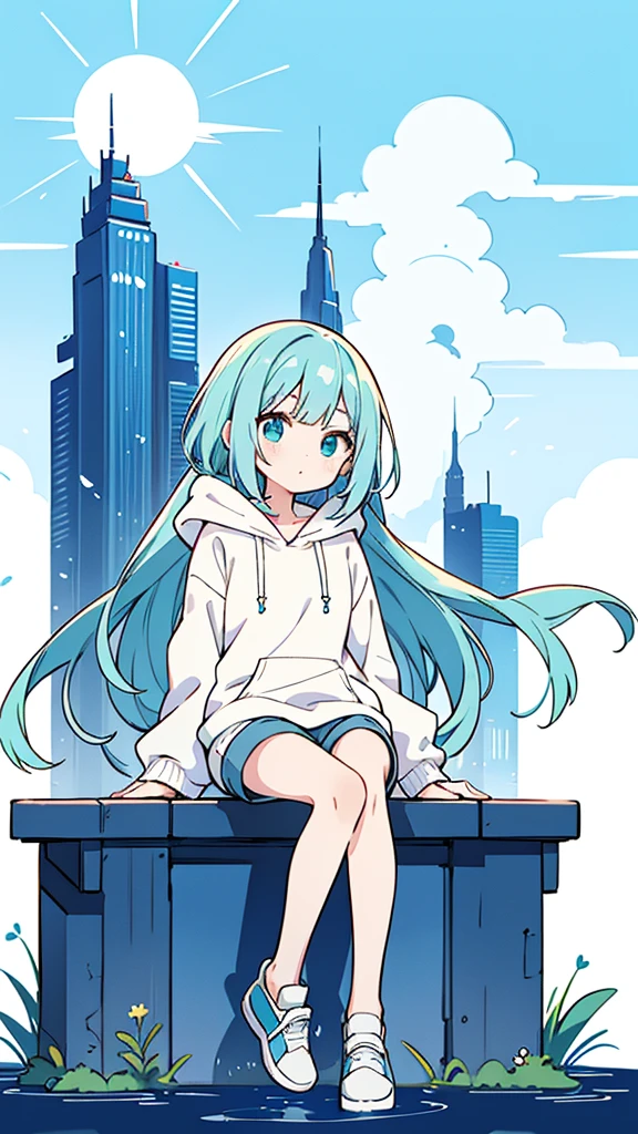 Blue-haired long hair,Design clothing,Seven-doppelganger shot,Anime style 4K,Anime girl with teal hair,High quality anime art style,Standing painting,Splash ink background,Blue Themes、Pure white background,Buildings,Face close-up,Buildings,Moon and sun、Shining Star々,milky way,Bright Sky,Looking at me,Facing forward,Clear eyes and nose,cute,beautiful,Thin legs,水辺にSitting, White hair, Blue eyes, girl, bob, front, whole body,White hoodie, Gray shorts,White and blue shoes,(((Anime style))),cute,Blue Background,Sitting