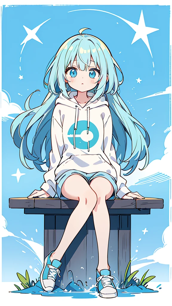 Blue-haired long hair,Design clothing,Seven-doppelganger shot,Anime style 4K,Anime girl with teal hair,High quality anime art style,Standing painting,Splash ink background,Blue Themes、Pure white background,Buildings,Face close-up,Buildings,Moon and sun、Shining Star々,milky way,Bright Sky,Looking at me,Facing forward,Clear eyes and nose,cute,beautiful,Thin legs,水辺にSitting, White hair, Blue eyes, girl, bob, front, whole body,White hoodie, Gray shorts,White and blue shoes,(((Anime style))),cute,Blue Background,Sitting