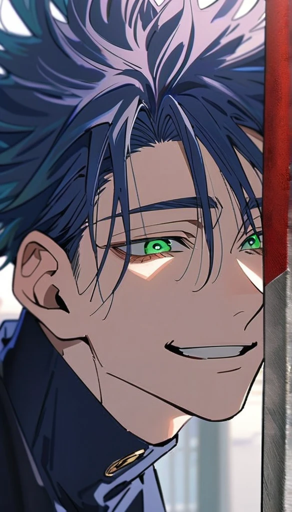 Captura de pantalla de jujutsu kaisen. Jujutsu Kaisen anime.
19 year old boy, clear skin, Jujutsu Kaisen, green eyes, navy blue hair with white tips, medium hair "long" above men, flirty face, Jujutsu Kaisen, anime