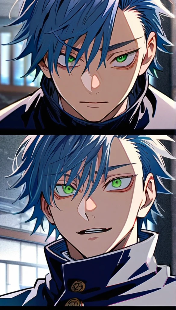 Captura de pantalla de jujutsu kaisen. Jujutsu Kaisen anime.
19 year old boy, clear skin, Jujutsu Kaisen, green eyes, navy blue hair with white tips, medium hair "long" above men, flirty face, Jujutsu Kaisen, anime
