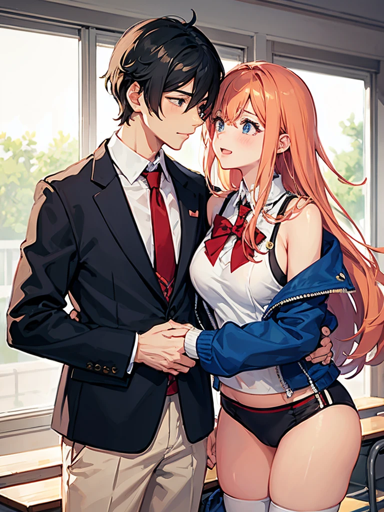 highest quality, muste piece,long hair,Very huge,(1 girl:1.6),(1 slender handsome man:1.5),(((1 boy, a boy is grabbing girl’s breasts from behind:1.5))),(bra:1.5),((grab your breasts over your bra:1.5)),(spread legs:1.4),Big breasts that are about to burst,(biggest huge breasts:1.4),emphasize the chest,big nipples,(embarrassed:1.3),(super mini skirt:1.4),(Panties that get wet:1.4),(classroom:1.5),(heart mark:1.2)