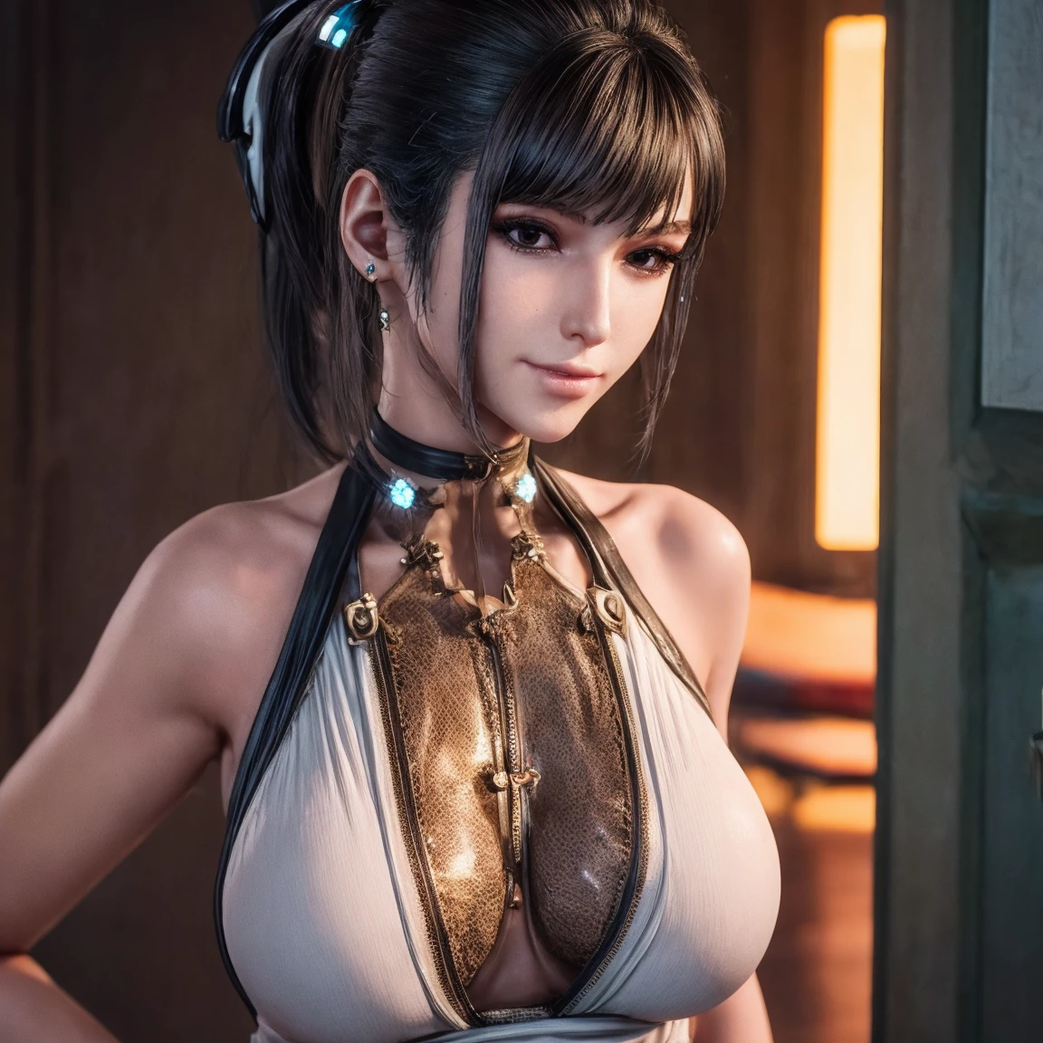 (masterpiece), best quality, expressive eyes, frontal pose, smile closed, perfect face,portrait face , Brown eyes, Eve, Short bob haircut, Stellar blade, Fringe hair, Athletic body, Ponytail hair, unreal engine skin:0.3,blushing cheeks:1.4, tight breast, looking at viewer,, cyberpunk bedroom, night, neon glow spothlighs in the walls, shirt anime