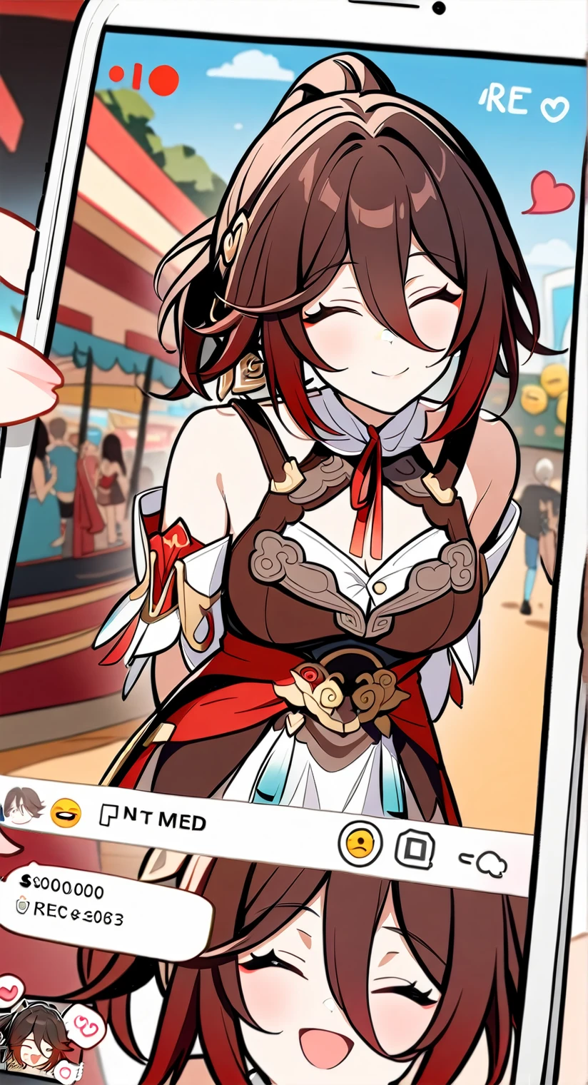 1girl, solo,Tingyun \(Honkai: Star Rail\), upper body, arms behind back, leaning forwards, social media post, comment bubbles, heart, emojis, cellphone screenshot, recording interface, dress, cleavage, eyes closed, amusement park