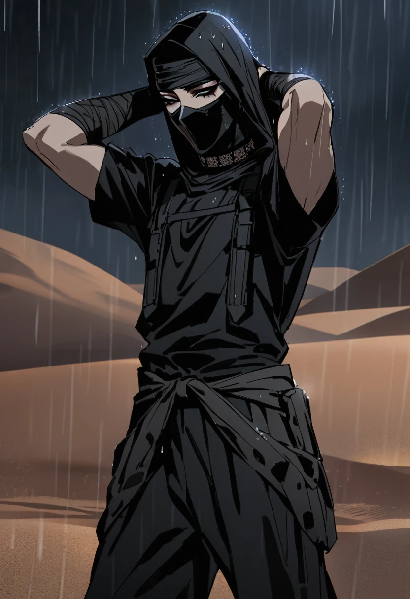 Male arab modern terrorist, terrorist, black balaclava, black bandage, black clothes, thin waist, femboy, light skin, makeup, black eyeliner, big eyelashes, black eyeshadow, choker, desert, night, rain, holds his hands behind his head