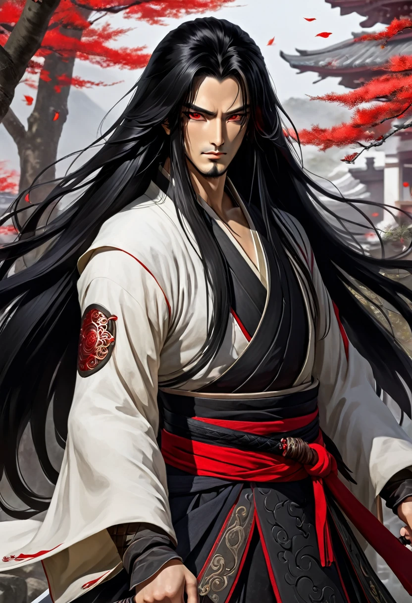 Samurai with long black hair and red eyes without bard 