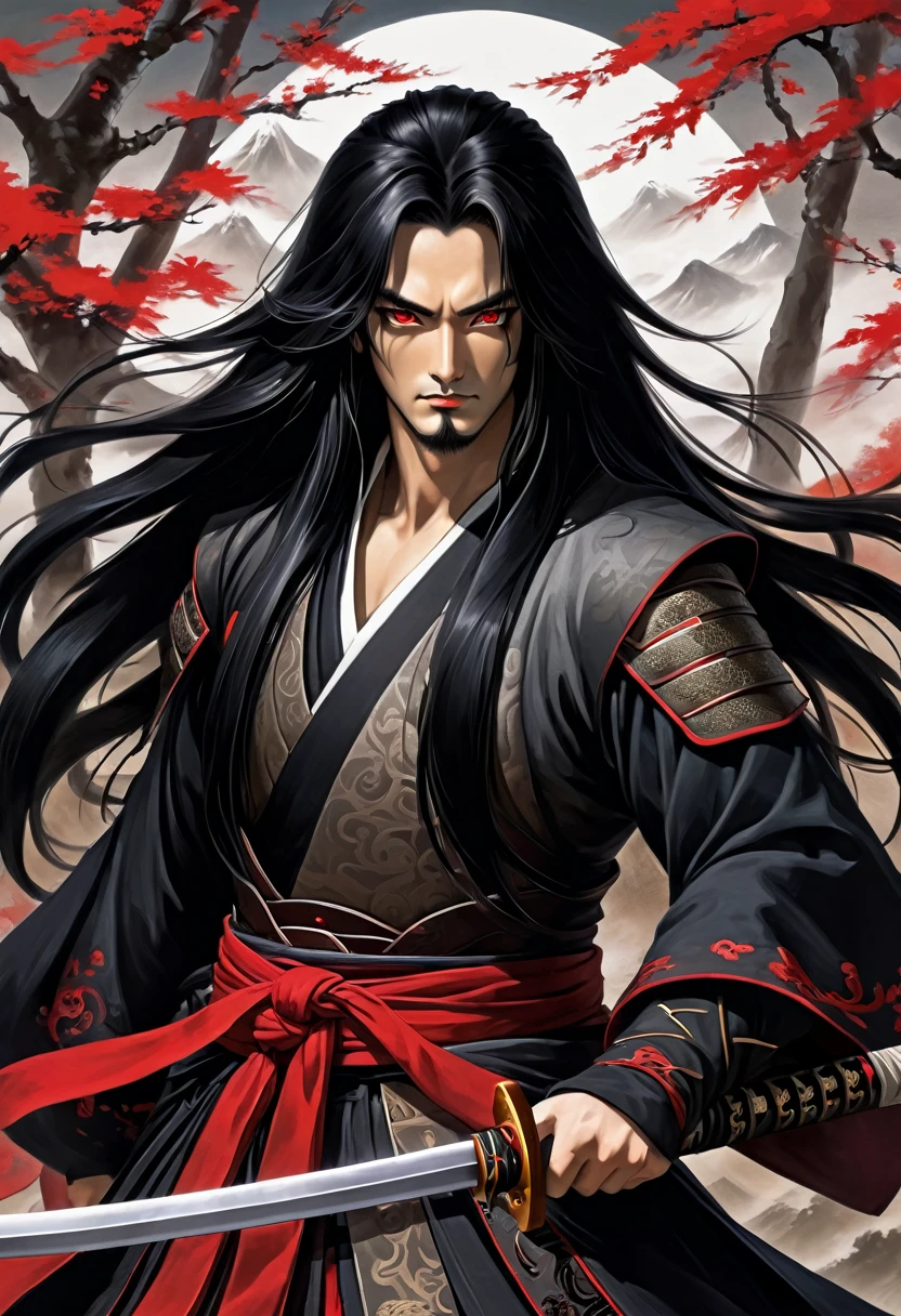 Samurai with long black hair and red eyes without bard