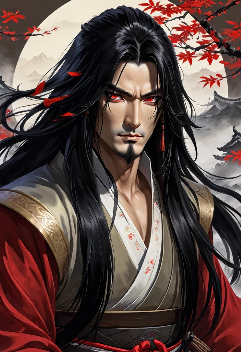 Samurai with long black hair and red eyes without bard 