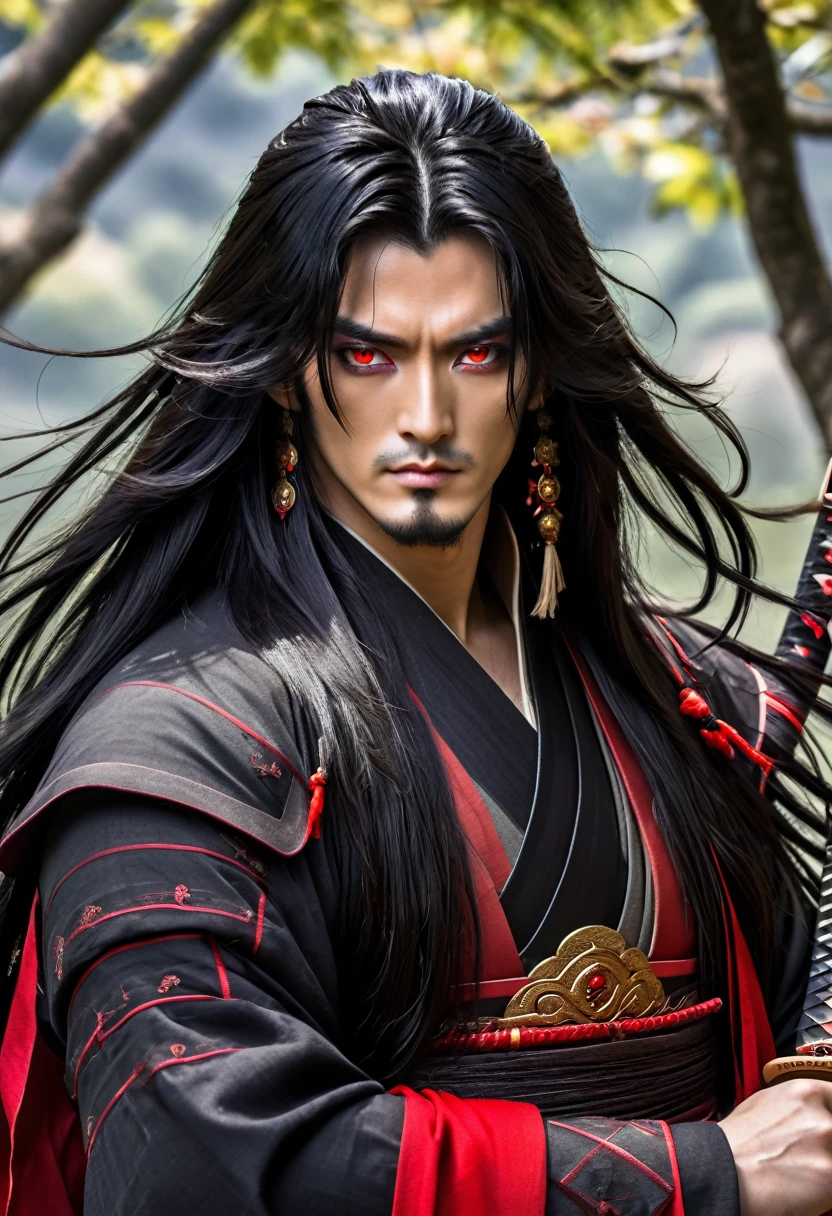 Samurai with long black hair and red eyes without bard 