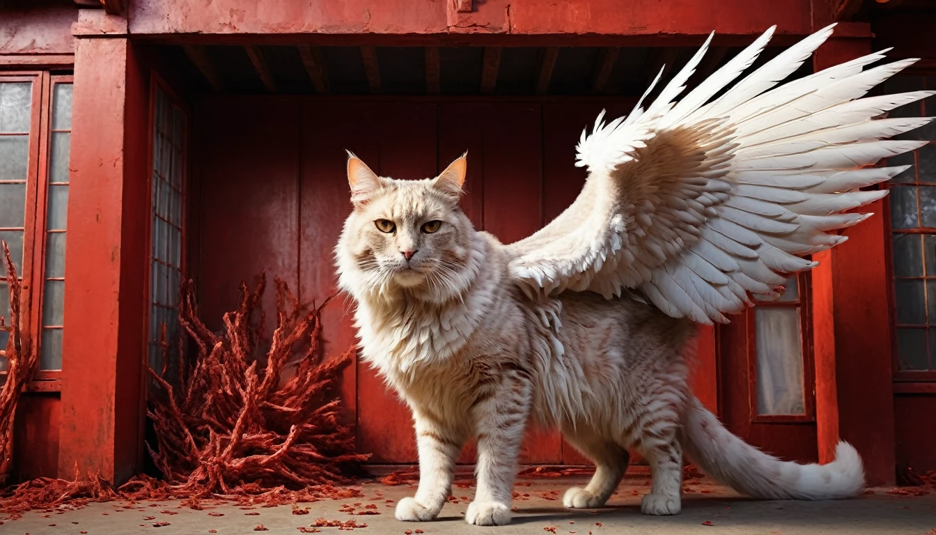 Engulfed BY red, a giant winged cat, infront of a miniature building, detailed feline anatomy, intricate feathered wings, majestic and powerful, realistic fur textures, intense eye contact, dynamic pose, cinematic lighting, dramatic chiaroscuro, muted color palette, highly detailed, photorealistic, award-winning digital art