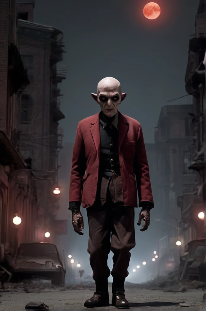 Steampunk night city、Red moon in the sky、Brilliant Light、Full Body Shot、Horror-themed movie stills,、A short, big-headed man of about 80 years old, Skinhead、No horns、The devil&#39;s head is enlarged（Head size 1:9）、(Full body portrait:1.3), Nurarihyon、I'm wearing a kimono, Shallow depth of field, Vignette, Very detailed, High budget, Bokeh, CinemaScope, Sulky, amazing, nice, Film Grain, granular . Creepy, Anxious, dark, Creepyな, Suspenseful, strict, Very detailed