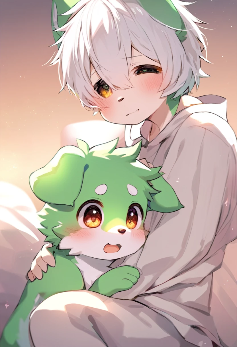 Cute dog with green fur、White-haired boy,Red collar sex,Lead,Cute Face