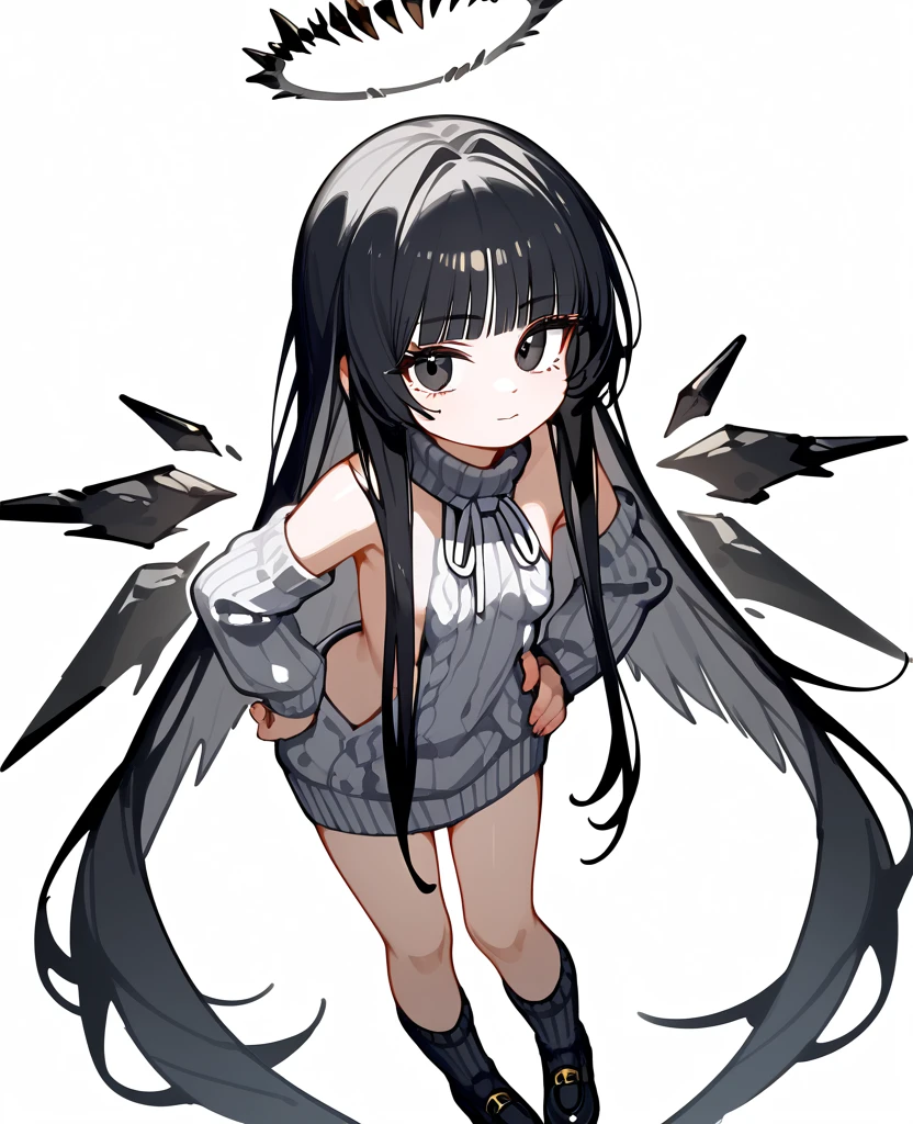 (score_9, score_8_above, score_7_above), 1 girl, VirtuosaBase, cute young girl, (chibi:0.7), black fur, blunt bangs, by the wide, rota halo, energy wings, black eyes, mole under right eye, small breasts, virgin killer sweater, separate sleeves, grey sweater, one-handed victory pose, hand on hip, Leaning forward, looking at the viewer, aboveper body, zoom out, White background,