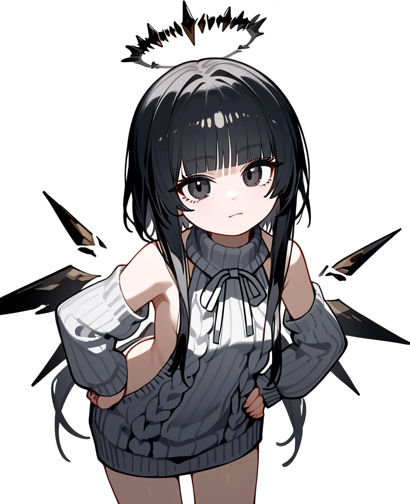 (score_9, score_8_up, score_7_up), 1girl, VirtuosaBase, cute, (chibi:0.7), black hair, blunt bangs, long hair, broken halo, energy wings, black eyes, mole under right eye, small breasts, virgin killer sweater, detached sleeves, gray sweater, single hand victory pose, hand on hip, leaning forward, looking at viewer, upper body, zoom out, white background,