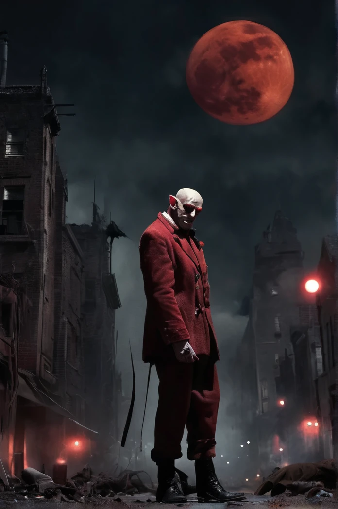 Steampunk night city、Red moon in the sky、Brilliant Light、Full Body Shot、Horror-themed movie stills,、A short, big-headed man of about 80 years old, Skinhead、No horns、The devil&#39;s head is enlarged（Head size 1:9）、(Full body portrait:1.3), Nurarihyon、I'm wearing a kimono, Shallow depth of field, Vignette, Very detailed, High budget, Bokeh, CinemaScope, Sulky, amazing, nice, Film Grain, granular . Creepy, Anxious, dark, Creepyな, Suspenseful, strict, Very detailed