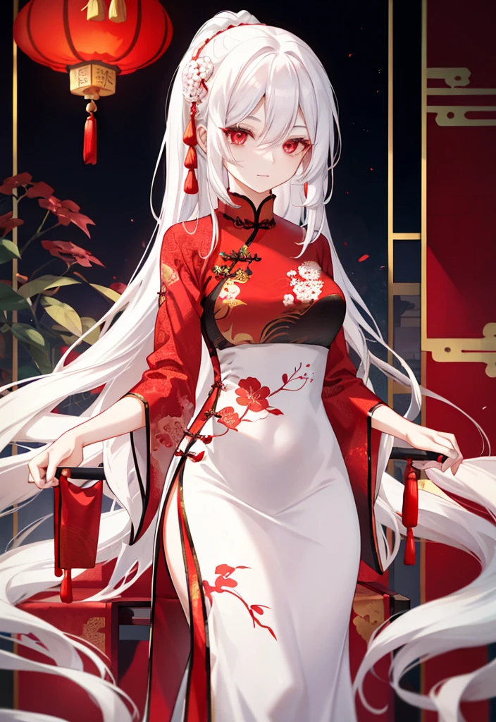 （Fidelity：1.4），magical，tmasterpiece，（（femele）），Slim，musculous，Sharp ears，Light gray skin，Long curly white hair，Red eyes，ssmile，heads up，do not disturb，Recite the Pipa，on cheongsam，crewneck