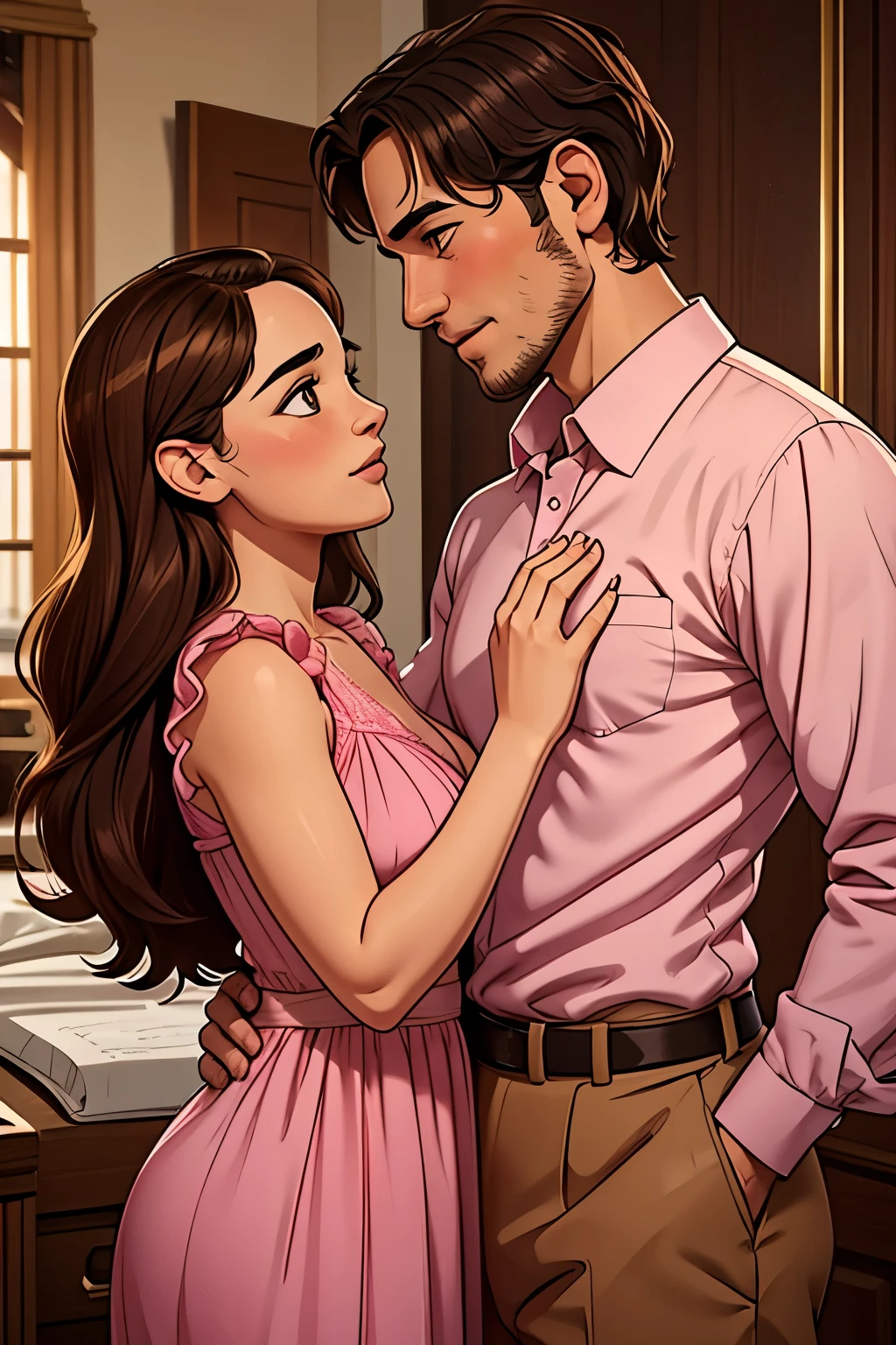 Illustration of the couple from the film Me Before You. She is 28 years old with brown hair and wears a pink dress. He has 30 years of stubble. He looks like Emilia Clark and he looks like Sam Clafim