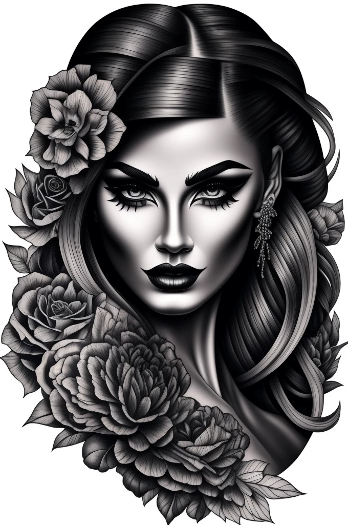 Intricately drawn chican woman with an alluring black and gray make up design, showcasing sharp and defined features against a pristine White background. The monochrome palette highlights the striking contrasts of her bold tattoo art, each line and shade meticulously rendered to capture the essence of this captivating figure. The overall image exudes a sensual and mysterious atmosphere, perfect for a high quality printing or digitl art.
black and white domain, sharp details, White background, chican woman, make up, hight contrast, monochrome, bold tattoo, Complex art, captivating figure, high quality printing, digitl art.
