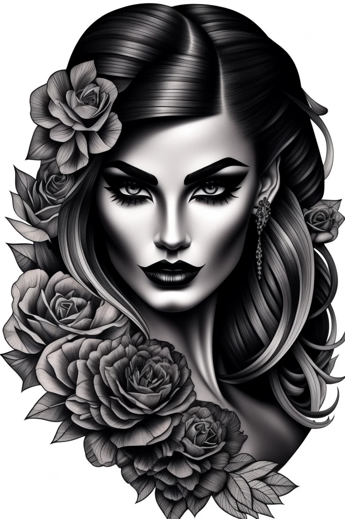 Intricately drawn chican woman with an alluring black and gray make up design, showcasing sharp and defined features against a pristine White background. The monochrome palette highlights the striking contrasts of her bold tattoo art, each line and shade meticulously rendered to capture the essence of this captivating figure. The overall image exudes a sensual and mysterious atmosphere, perfect for a high quality printing or digitl art.
black and white domain, sharp details, White background, chican woman, make up, hight contrast, monochrome, bold tattoo, Complex art, captivating figure, high quality printing, digitl art.