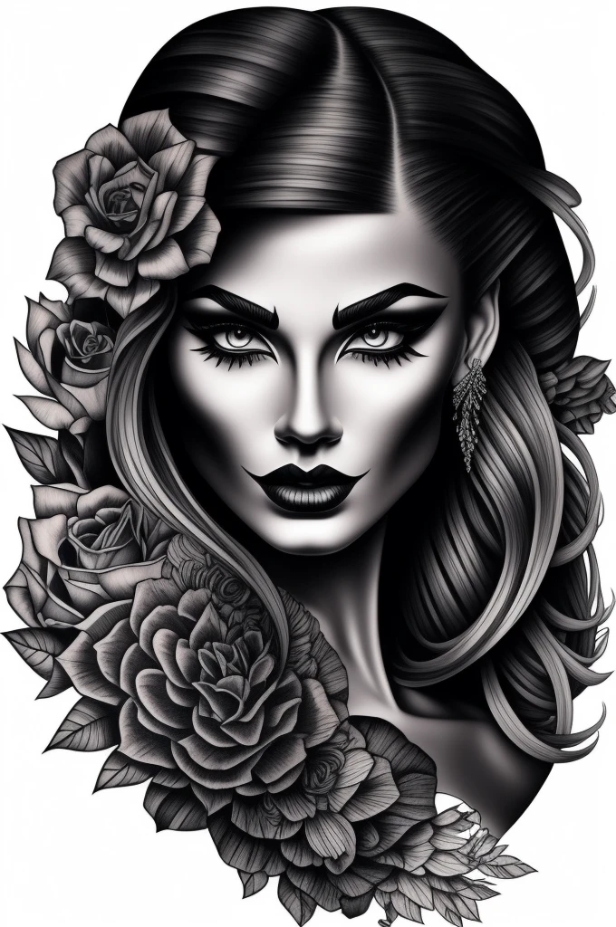 Intricately drawn chican woman with an alluring black and gray make up design, showcasing sharp and defined features against a pristine White background. The monochrome palette highlights the striking contrasts of her bold tattoo art, each line and shade meticulously rendered to capture the essence of this captivating figure. The overall image exudes a sensual and mysterious atmosphere, perfect for a high quality printing or digitl art.

black and white domain, sharp details, White background, chican woman, make up, hight contrast, monochrome, bold tattoo, Complex art, captivating figure, high quality printing, digitl art.