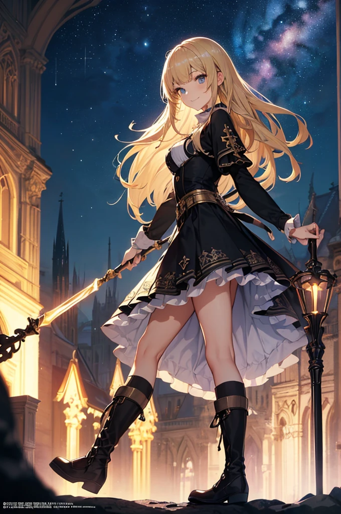 (Official art、Best Quality、Unity 8k Wallpapers、32K、​masterpiece、ultra-detailliert、超A high resolution、realisitic、Photorealsitic:1.2)、(Cinematic lighting:1.2)、Fireglow effect、film grains、Best Shadows、Rim lighting、side lights、sideshot、(Ultra-detailed and complex 3D rendering)、Detailed beautiful face and eyes、Sharp pupils、Realistic pupils、A slender、１Man Woman、Medium bust、(Full body:1.2)、 Highly detailed background、beauitful face、16-year-old beautiful girl、(super detailed skin、detailed skin textures:1.3)、(Half Blonde、Colorful hair:1.3)、Blunt bangs、green colored eyeagical girl costume、white  shirt、Costumes with frills、frills skirt、knee sox、(thighs thighs thighs thighs:0.8)、Black boots、(Fantastic and beautiful night sky、cathedral:1.4)、(carrying a magical staff:1.3)、(from side:1.3)、Fantastical、evil smile、I opened my mouth a little.