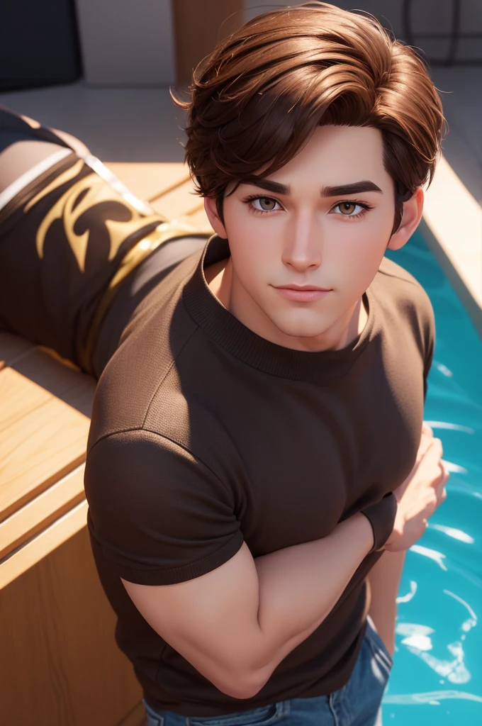 Create 3D character in Disney animation style /pixar (25-year-old male, honey eyes and dark brown hair)
