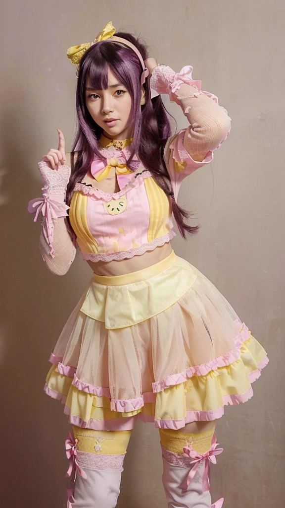 ((Ai hoshino,an anime girl with dark purple hair and light purple eyes, dressed in a striking pink and yellow outfit. She wears pink gloves, a pink bow in her hair and a headband with a yellow rabbit. Her shirt is pink with a yellow star on each side and a red heart on the chest.. She wears a black belt under a pink skirt that has multiple layers of lace with a yellow trim.. She is wearing pink stockings and high-heeled boots.. The girl is making a funny gesture with her hands, touching your head with your index and middle fingers, with a funny expression and tongue out. the background is white.))