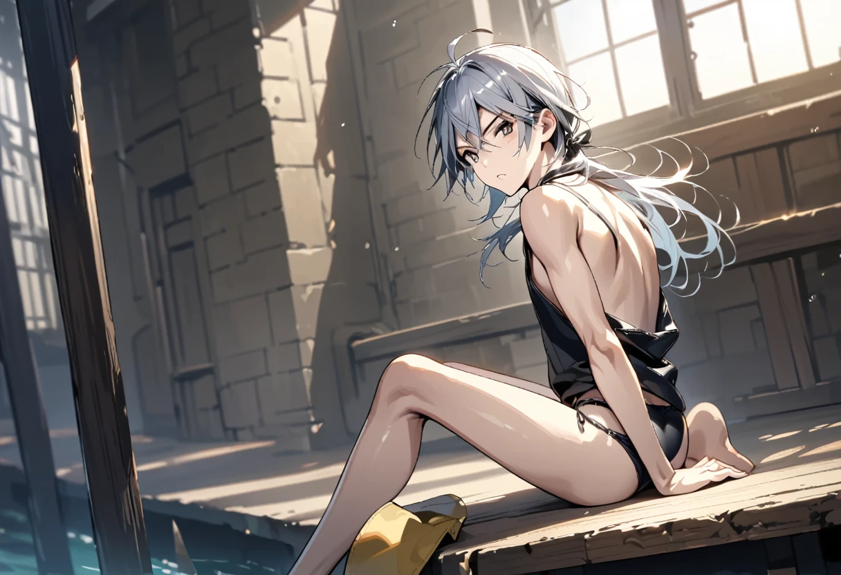 absurdres, highres, ultra detailed, super fine illustration, best quality, 1boy, perfect anatomy, male focus, solo, (dark-skinned:0.8) male, silver hair, long hair, black bikini, bare shoulders, bare arms, bare legs, &lt;lora:_L2090:-0.6&gt; &lt;lora:flat:-0.2&gt;