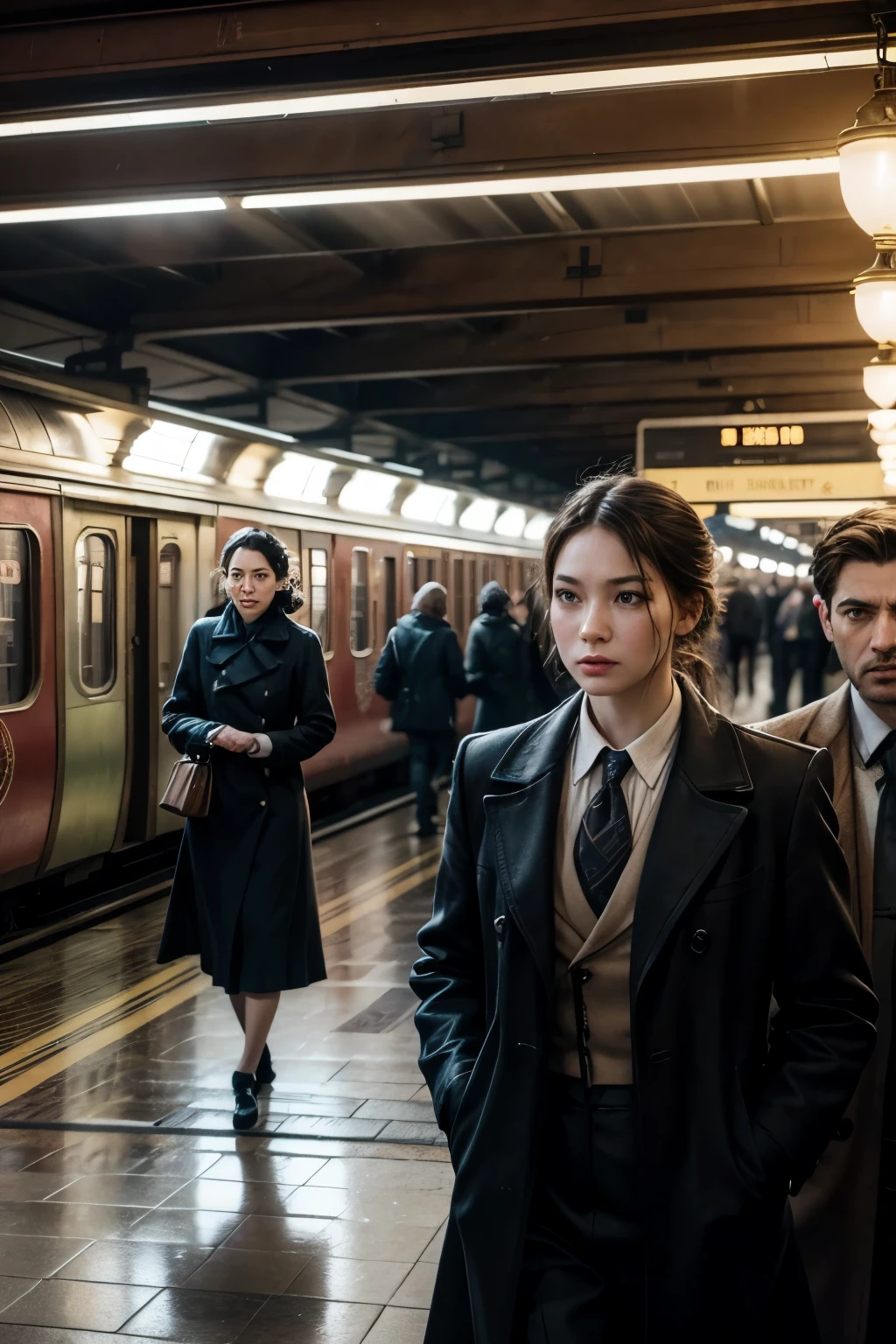 Create a cinematic setting for a scene that combines physical humor and deep emotion, baroque surrealism, and ironic and urban intelligence. The scene takes place in a busy train station in a European city in the 1950s., during dawn. Detail the lighting and scenography, including the following elements:
1. Train tracks shining in the soft light of dawn, with classic carriages arriving and departing.
2. Elegant and clumsy characters, running to catch