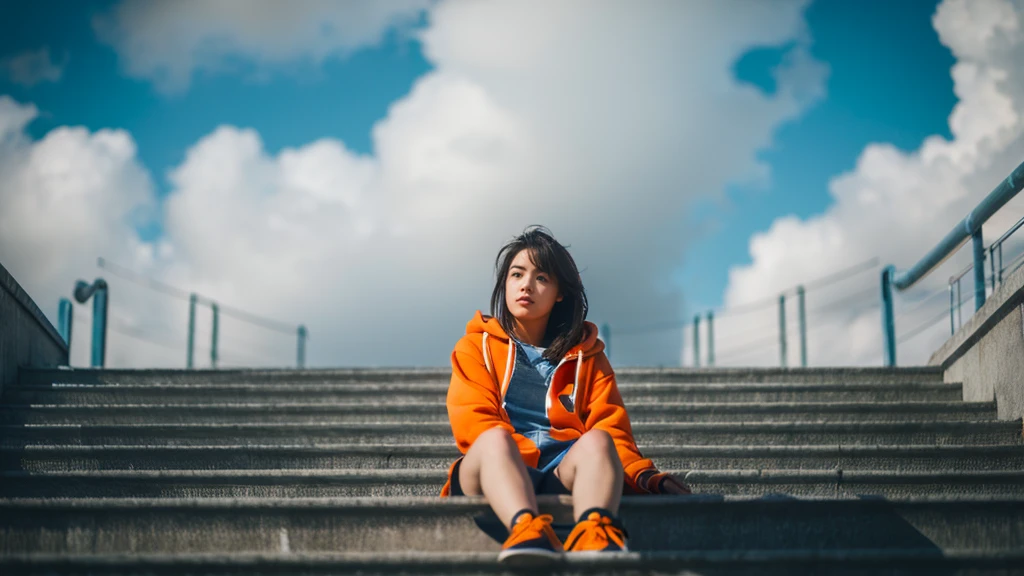 1 girl,blue sky,blurred background,architecture,City,cloud,cloudy sky,sky,depth of field,hood,hooded Jacket,hoodie,Jacket,Side,Orange Hoodie,look up,Shoe close to the camera,from below,whole body,lips,long sleeve,looking at the audience,motion blur,outdoor,parted lips,railing,shoe,shorts,sitting,sky,Sports shoes,alone,stairs