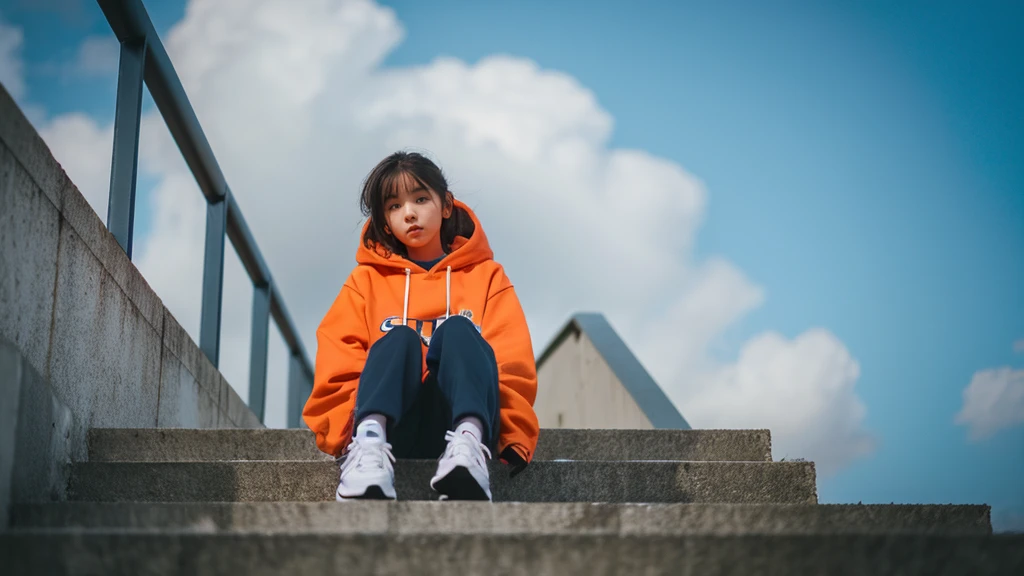 1 girl,blue sky,blurred background,architecture,City,cloud,cloudy sky,sky,depth of field,hood,hooded Jacket,hoodie,Jacket,Side,Orange Hoodie,look up,Shoe close to the camera,from below,whole body,lips,long sleeve,looking at the audience,motion blur,outdoor,parted lips,railing,shoe,shorts,sitting,sky,Sports shoes,alone,stairs