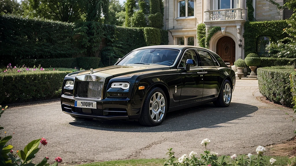 Make a picture of rolls Royce, the whole car body will be pure gold, the car is in a massive mansion, in the garden, make sure no human is in the picture and make sure it looks real