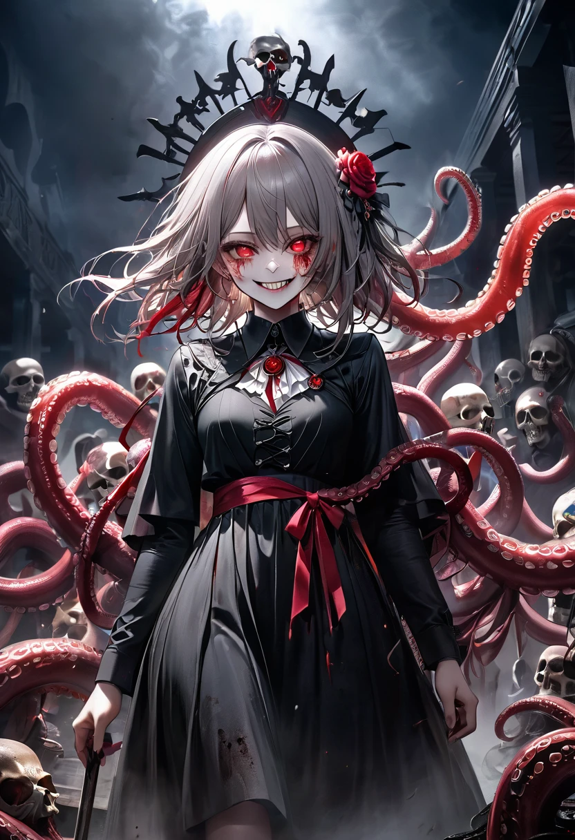 (Thriller Theme,Bloody and violent themes:1.3),(Dirty mollusk tentacles,radicalism:1.4), Good details, (Glowing background), Highest quality, Wide-angle Super Detail, masterpiece, 8k, Natural light, Soft lighting, sunlight, High resolution (High Dynamic Range), Maximum clarity and sharpness, Multilayer Texture, Looking at the audience,Close to the audience,night,Dirty, (Faith of the Dead,A totally malicious cult,Human sacrifice ritual,Ominous black and bloody fog,Creepy crazy smile:1.4),(severe bleeding, self-injurious behavior:1.4) 1 girl,Upper Body,Perfectly detailed eyes and face,Frowning,Red eyes,Gray Hair,Skull and bones themed costume,Black gothic dress with beautiful details,Tears of Blood, (Cult temple built entirely of skulls and bones,Skeleton Beam,Altar of Bone:1.4), (Glowing Eyes,Disheveled long hair,:1.5), Lens flare,Light leakage,