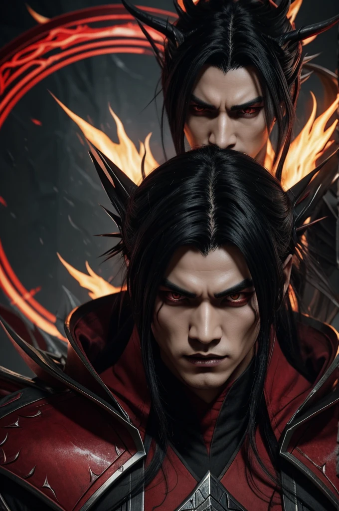 a close up of a demonic looking creature with a red and black hair, concept art inspired by Li Kan, trending on cg society, shin hanga, heise jinyao, sylas, splash art, arcane jayce, male vampire of clan banu haqim, league of legends arcane, league of legends character, thertrevkaiser