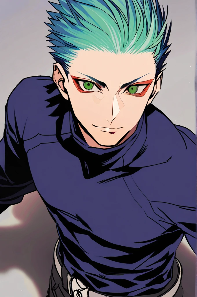 Captura de pantalla de jujutsu kaisen. Jujutsu Kaisen anime.
19 year old boy, clear skin, Jujutsu Kaisen, green eyes, navy blue hair with white tips, medium hair "long" above men, flirty face, Jujutsu Kaisen 