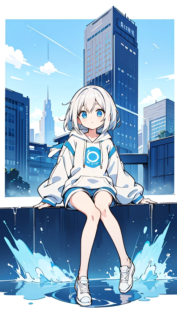 Design clothing,Seven-doppelganger shot,Anime style 4K,High quality anime art style,Standing painting,Splash ink background,Blue Themes、Pure white background,Buildings,Face close-up,Buildings,Moon and sun、Shining Star々,milky way,Bright Sky,Looking at me,Facing forward,Clear eyes and nose,cute,beautiful,Thin legs,sitting by the water, White hair, Blue eyes, girl, bob, front, whole body,White hoodie, Gray shorts,White and blue shoes,(((Anime style))),cute,Blue Background