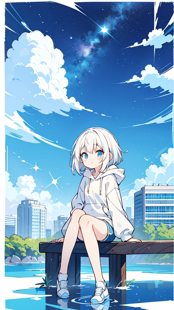 Design clothing，Seven-doppelganger shot，Anime style 4K,High quality anime art style，Standing painting，Splash ink background，Blue Themes、Pure white background,Buildings,Face close-up,Buildings,Moon and sun、Shining Star々,milky way,Bright Sky,Looking at me,Facing forward,Clear eyes and nose,cute,beautiful,Thin legs,sitting by the water, White hair, Blue eyes, girl, bob, front, whole body,White hoodie, Gray shorts,White and blue shoes,(((Anime style))),cute,Blue Background