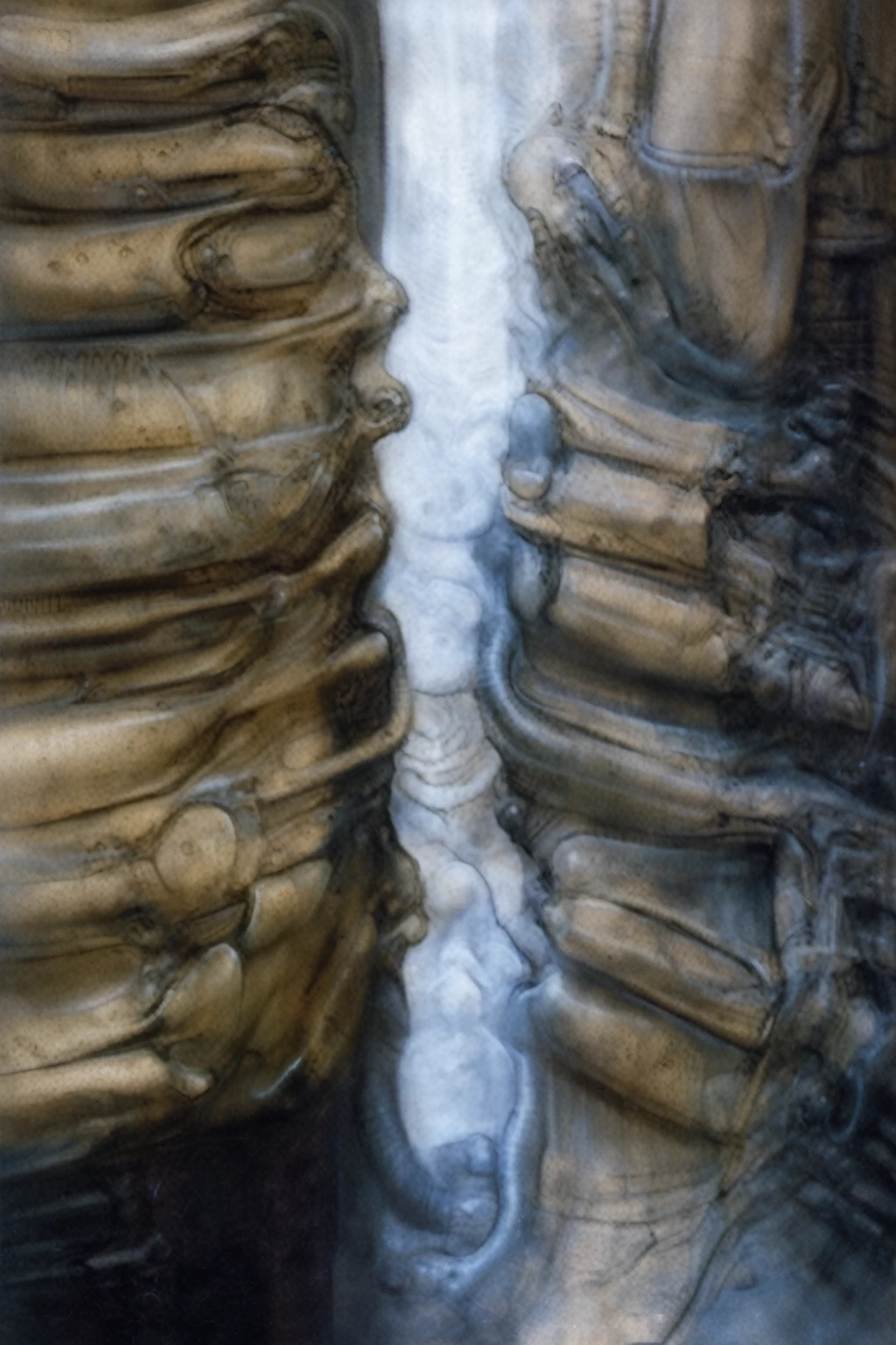 g1g3r, Giger_style, The image is a detailed view of H.R. Giger's \" Li II \" plate, featuring a complex network of bones and organs in a purple-brown hue ,swirling gray and brown colorsgroup of three alien figures positioned in the foreground.  Emaciated and skeletal, with hollow eyes, they appear to be constructed from bone and  metallic  elements,  a  characteristic  fusion  of  organic  and  mechanical  forms  found  in  Giger's  biomechanical  art.  
 The image features a robotic humanoid figure with intricate mechanical details, standing in a room with a glowing screen displaying the word \"EVE\" and a hand reaching out to touch its face.  The background is a dark and  limited  space  painted  in  a  uniform  blue-green color.  This  lack  of  detail  keeps  the  focus  on  the  figures  and  creates  a  sense  of  mystery  about  their  environment.  Receding into the distance  are  a  series  of  arches  and  tunnels  that  hint  at  a  larger  biomechanical  landscape,  possibly  the  work  of  the  creatures  themselves The artwork is silver and purplish brown, with an ivory bones prominently displayed. The image is highly detailed and intricate, almost like a 3d version of a medical diagram (detailed view of an anatomy model, possibly of a human body, with transparent organs and bones exposed). The piece has a thick mechano-organic texture and is covered in fine details. The image has a swirling, organic quality to it. The artistic manner would be unmistakably Gigeresque. A dark and unsettling beauty would permeate the piece, blurring the lines between fascination and repulsion , forever haunted by the grotesque allure. Giger's signature artistic manner would be evident in every stroke. The airbrush would be wielded with masterful precision to create a hyperrealistic yet nightmarish aesthetic.., ooze soaked pajama top
