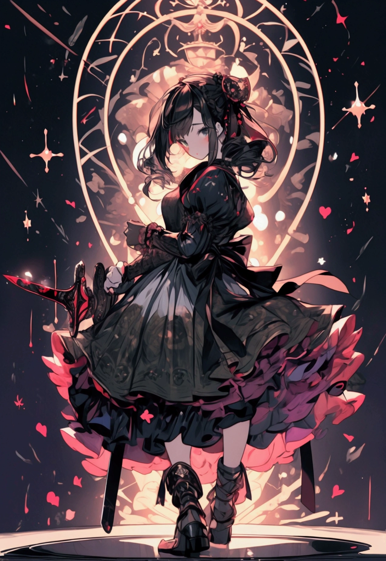nsfw, masterpiece, best quality, ultra detailed, , a girl, swordsman, sword in hand, covered in wounds, {bloodstained}, {bandages}, gothic Lolita fashi twin-tailed green and black hair, {tattered clothes}, medieval European battlefield, running, in battle, sprint, with a castle, surrounded by stars and a meteor shower, at night ,afterimage, full body, symmetrical structure of top and bottom